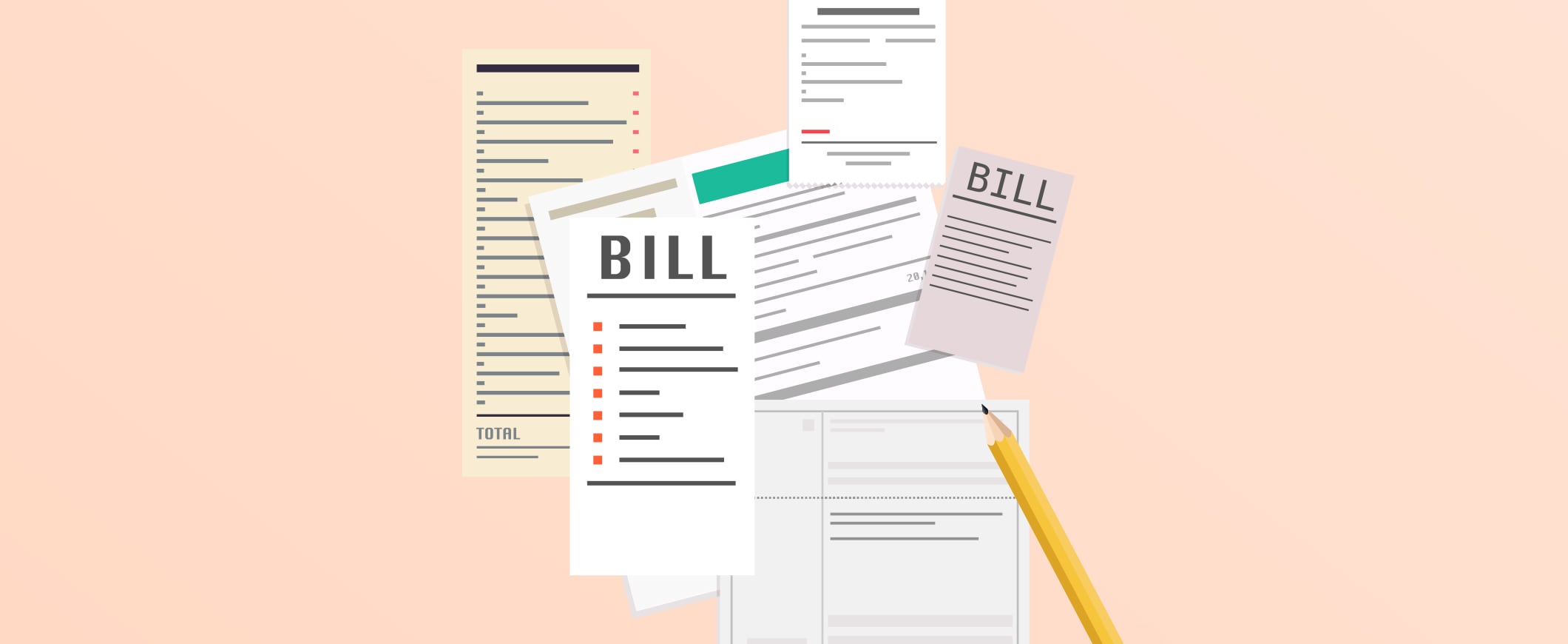 Illustration of several bills, with a pencil.