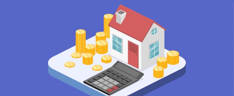 Graphic showing a house, stacks of coins, and a calculator.