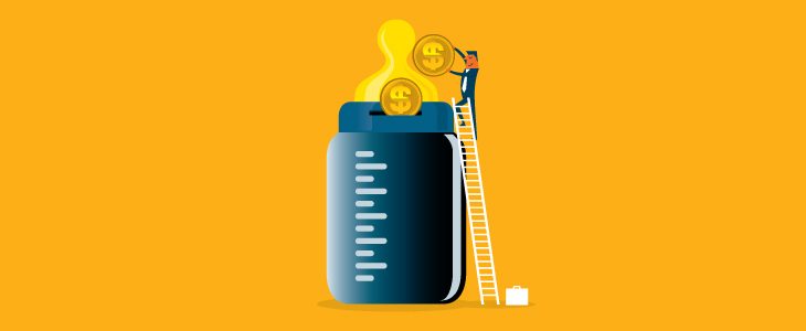 A yellow graphic with a cartoon illustration of a giant-size baby bottle. A cartoon depiction of a businessman is dropping gold coins into the bottle from his perch on a ladder. 