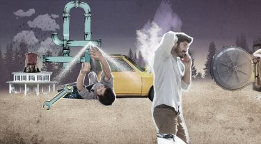 A collage of a man having emergencies.