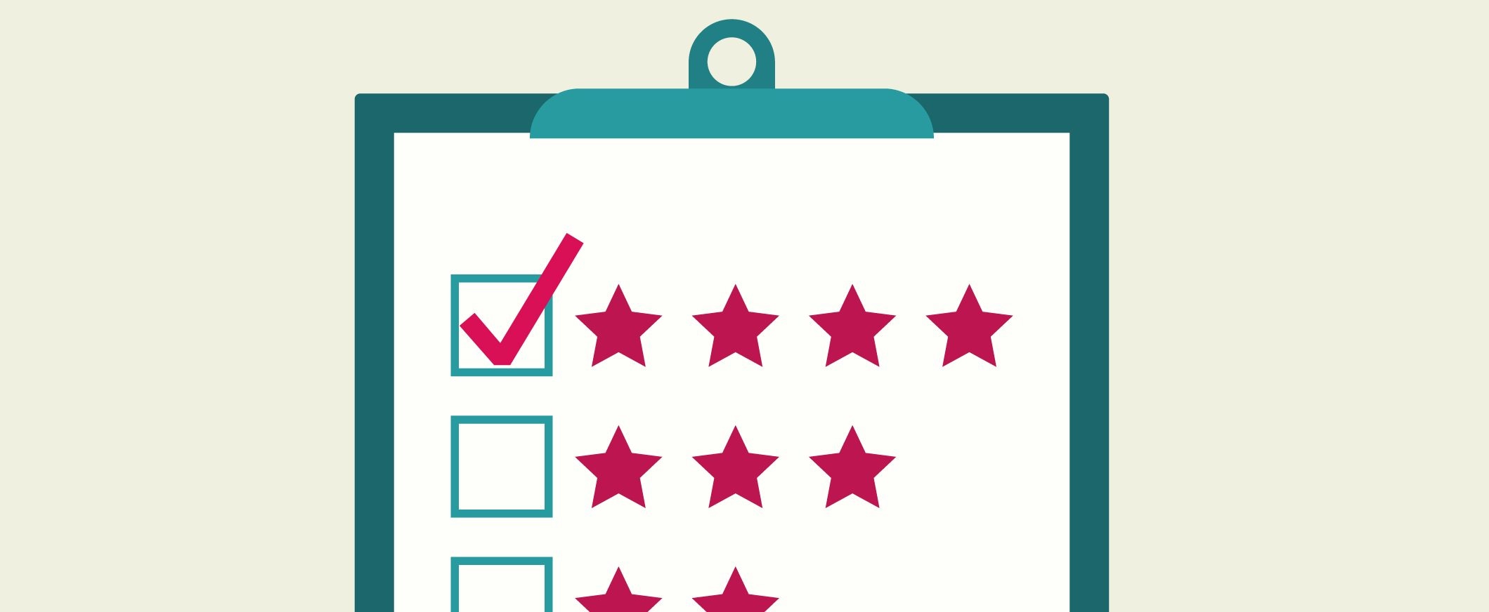 Illustration of a clipboard with three vertical boxes indicating a checklist. Beside the top box is four stars, the next box three stars, and the bottom box two stars. There is a check mark inside the top box.