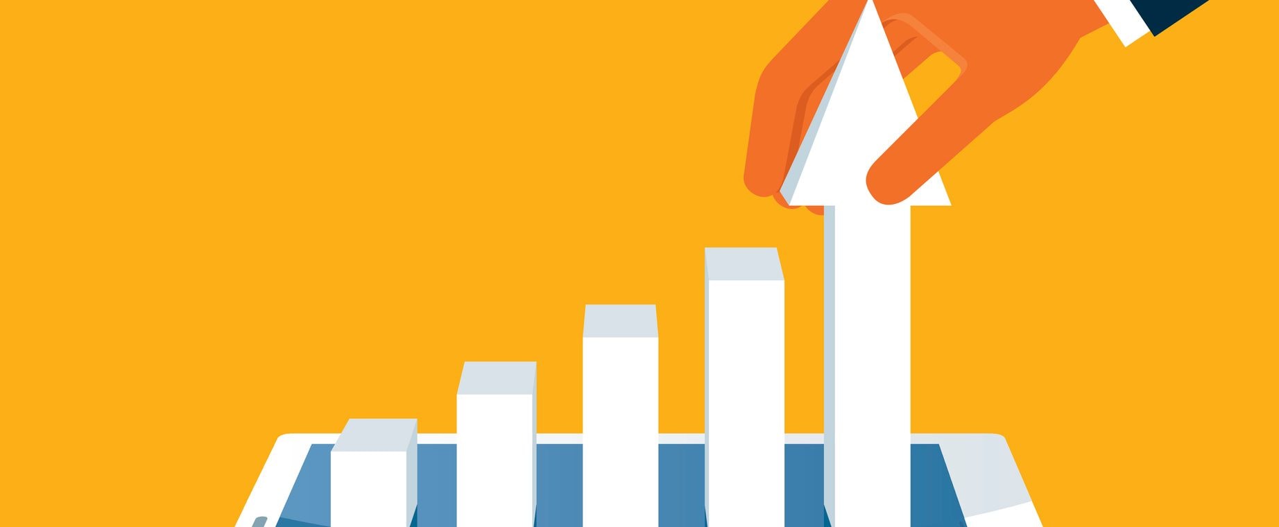 Illustration depicting a bar graph, with the bars rising in height from left to right. An image of a hand is clasping the right-most bar, which is displayed as an upward-facing arrow.