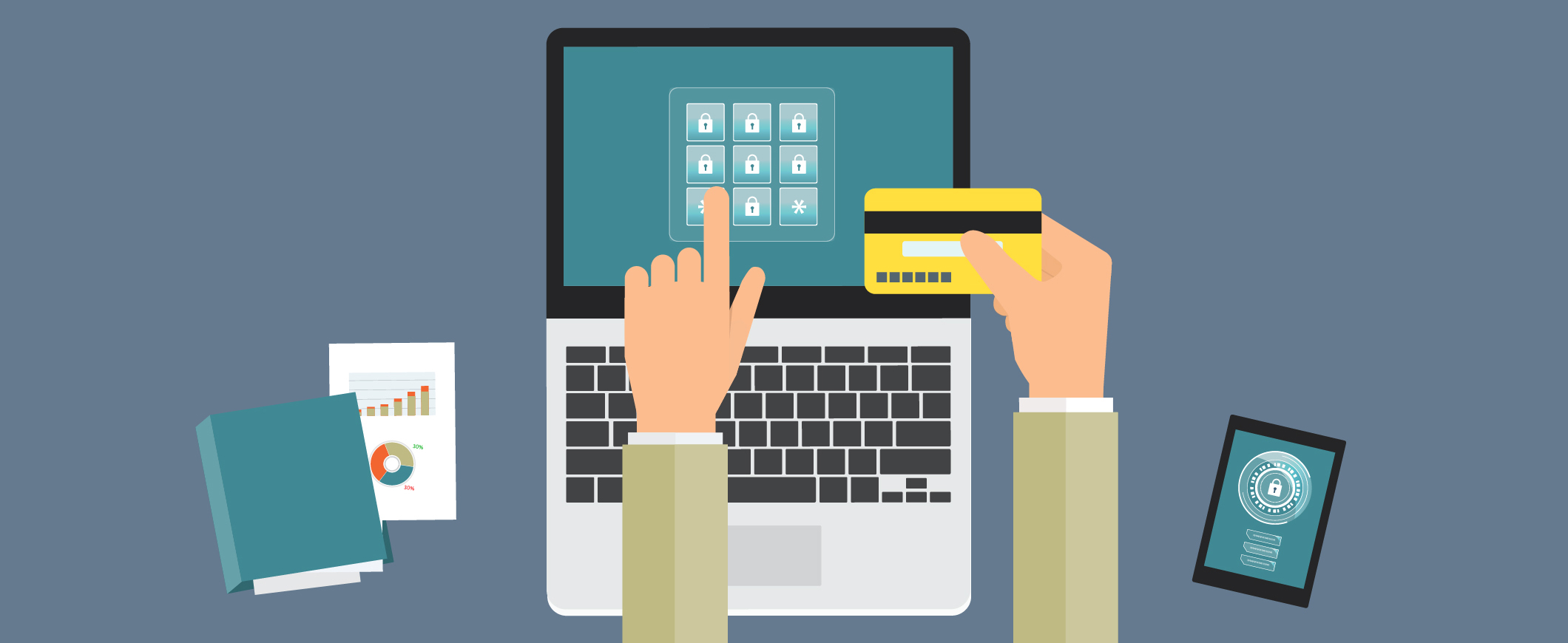 A graphic depicting a laptop and two hands making a purchase by entering in a credit card number.
