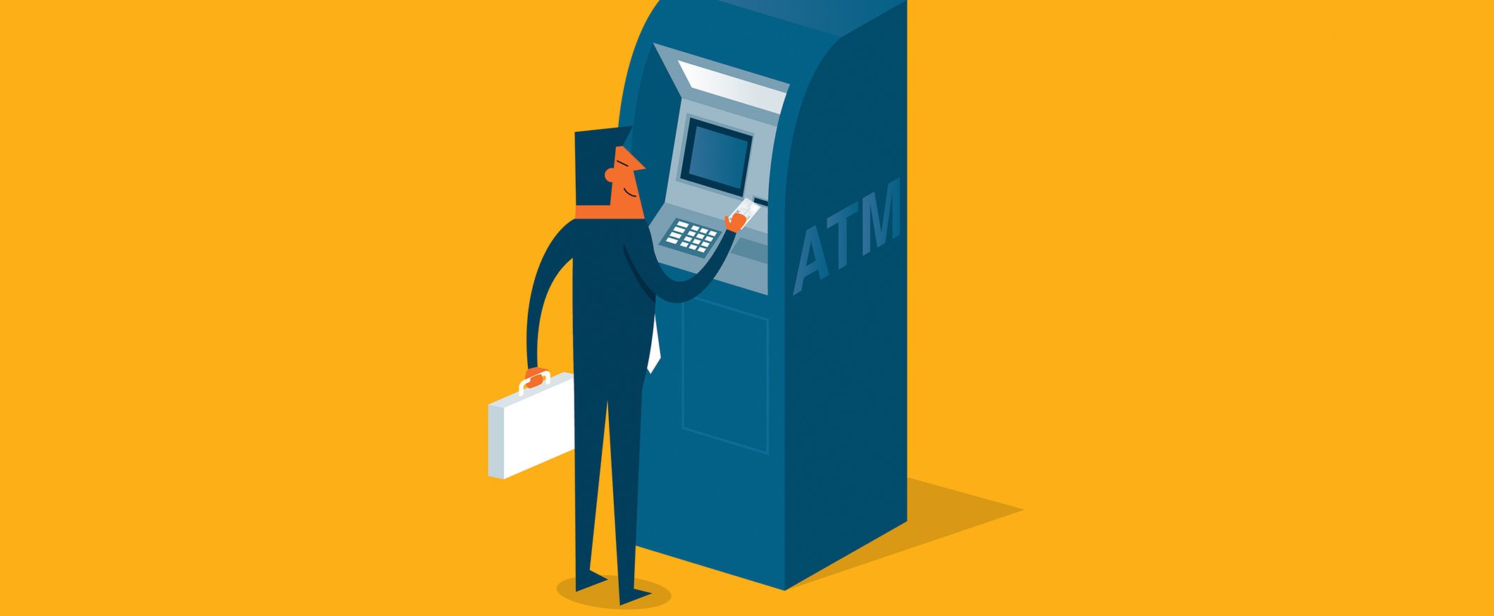 An illustration of a man with a briefcase using a debit card at a blue ATM machine.