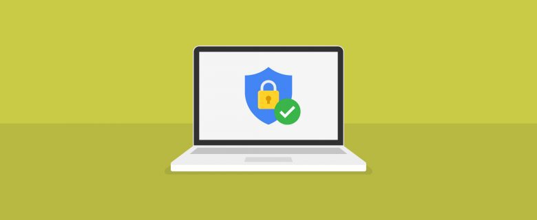 A graphic of a laptop with an image of a blue shield, a yellow lock, and a green check mark on the screen.