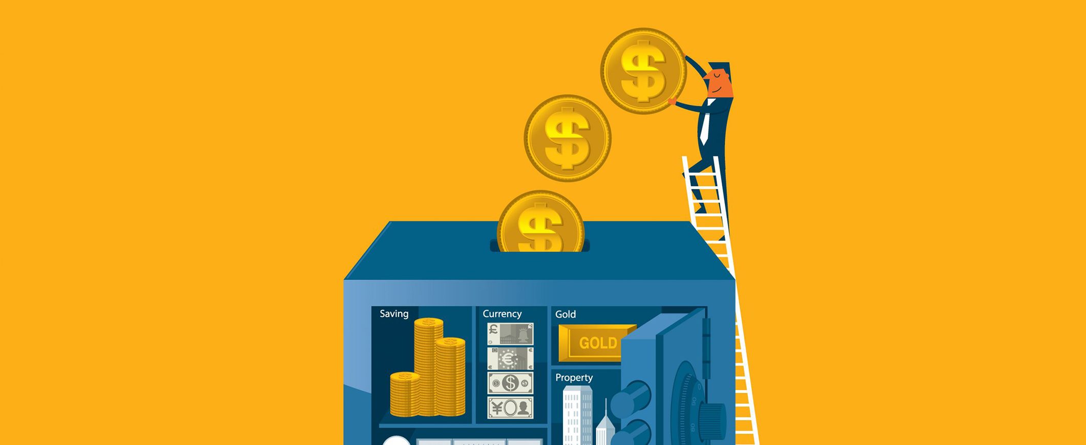 A graphic of a man wearing a suit at the top of a ladder, which is leaning against an open safe. He is holding a giant coin and dropping it through a slot in the safe.