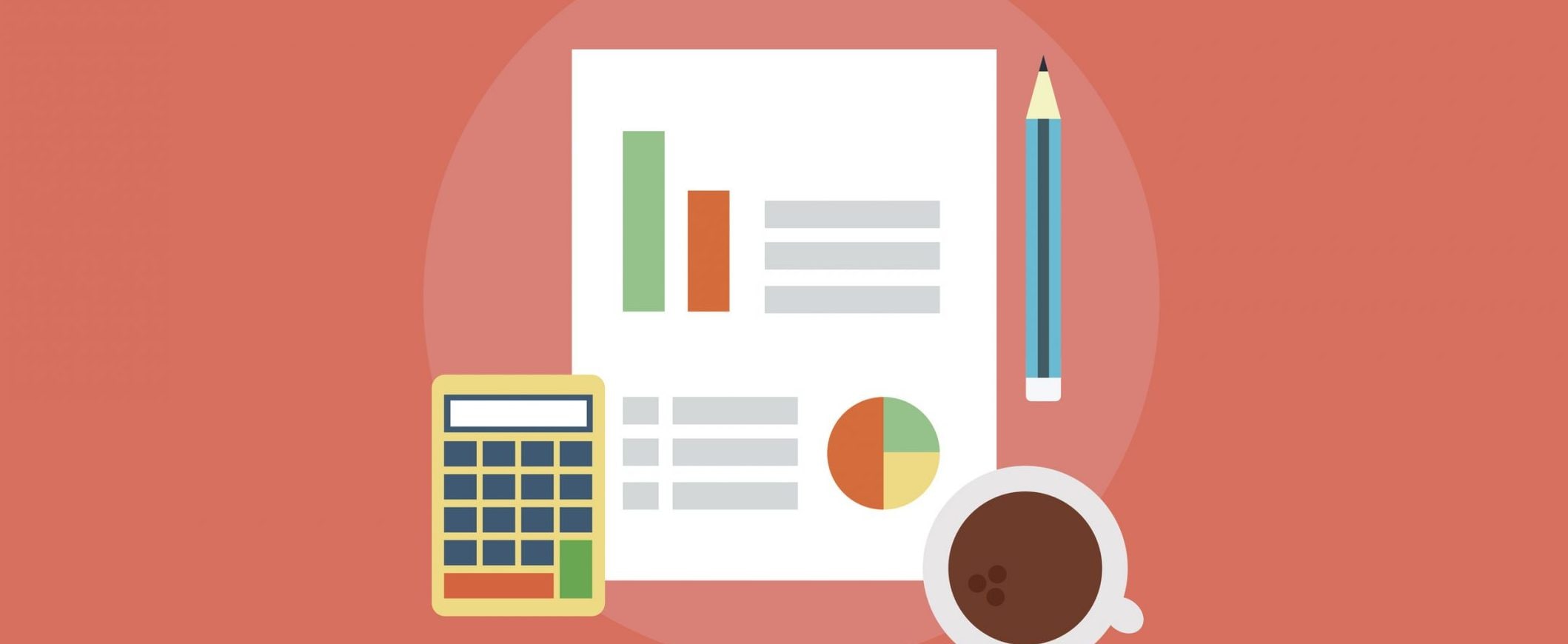 A graphic with birds-eye view of a paper with a picture of a graph, a cup of coffee, and a pen.