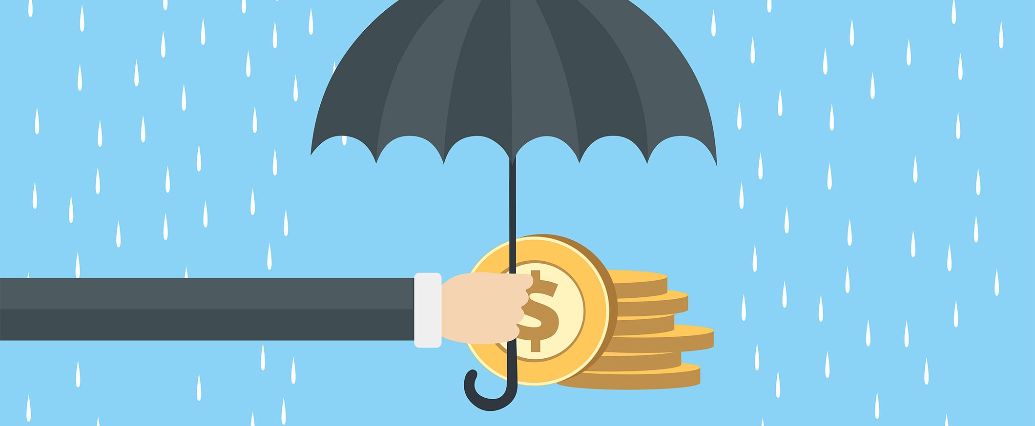 A graphic of a hand holding a black umbrella while rain drops are falling on a blue background. There are also gold coins with the dollar symbol in the background.