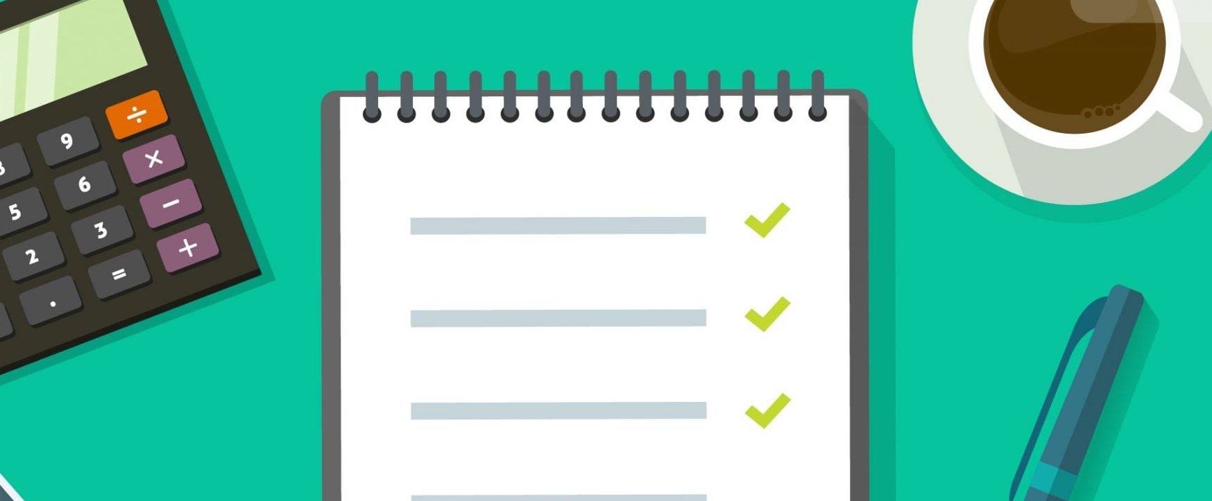 A graphic of a spiral notebook depicting a to-do list with check marks next to the line items. Also featured is a calculator, a coffee cup, and a pen.