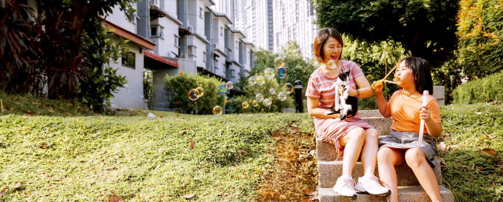 A mom and a boy sit outside in the garden. The mom holds a black and white cat while the boy blows bubbles.