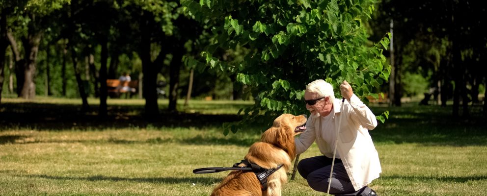 A blind man crouches in front of his service god in a park.