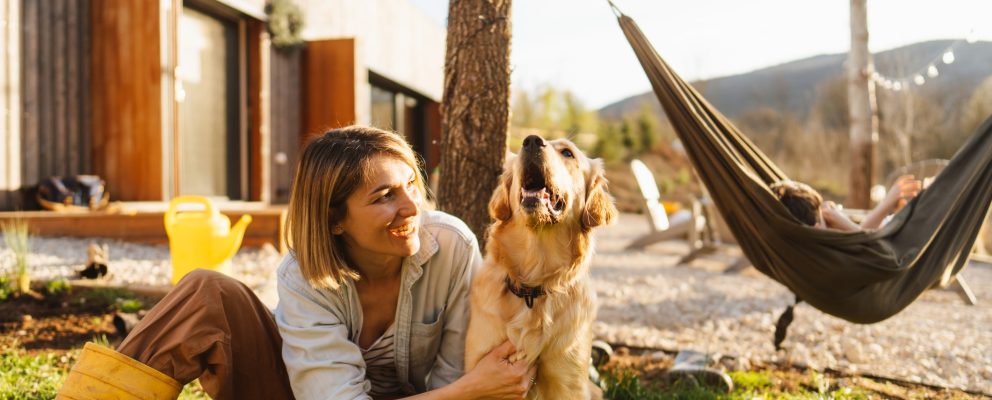 A woman sits outside a house and pets her golden retriever. Nearby a person lounges on a hammock.