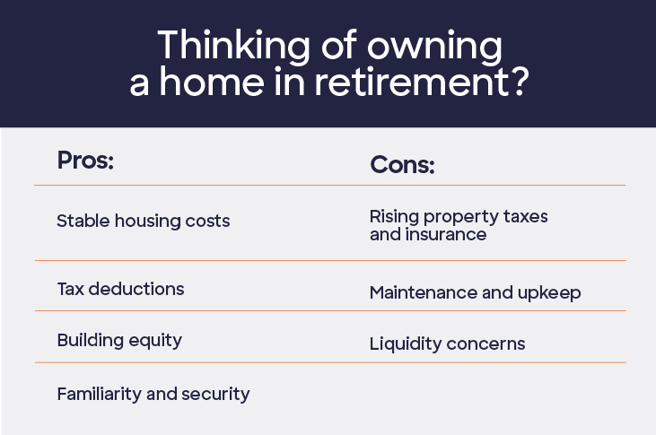 Infographic listing the pros and cons of owning a home in retirement.