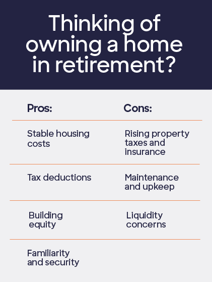 Infographic listing the pros and cons of owning a home in retirement.