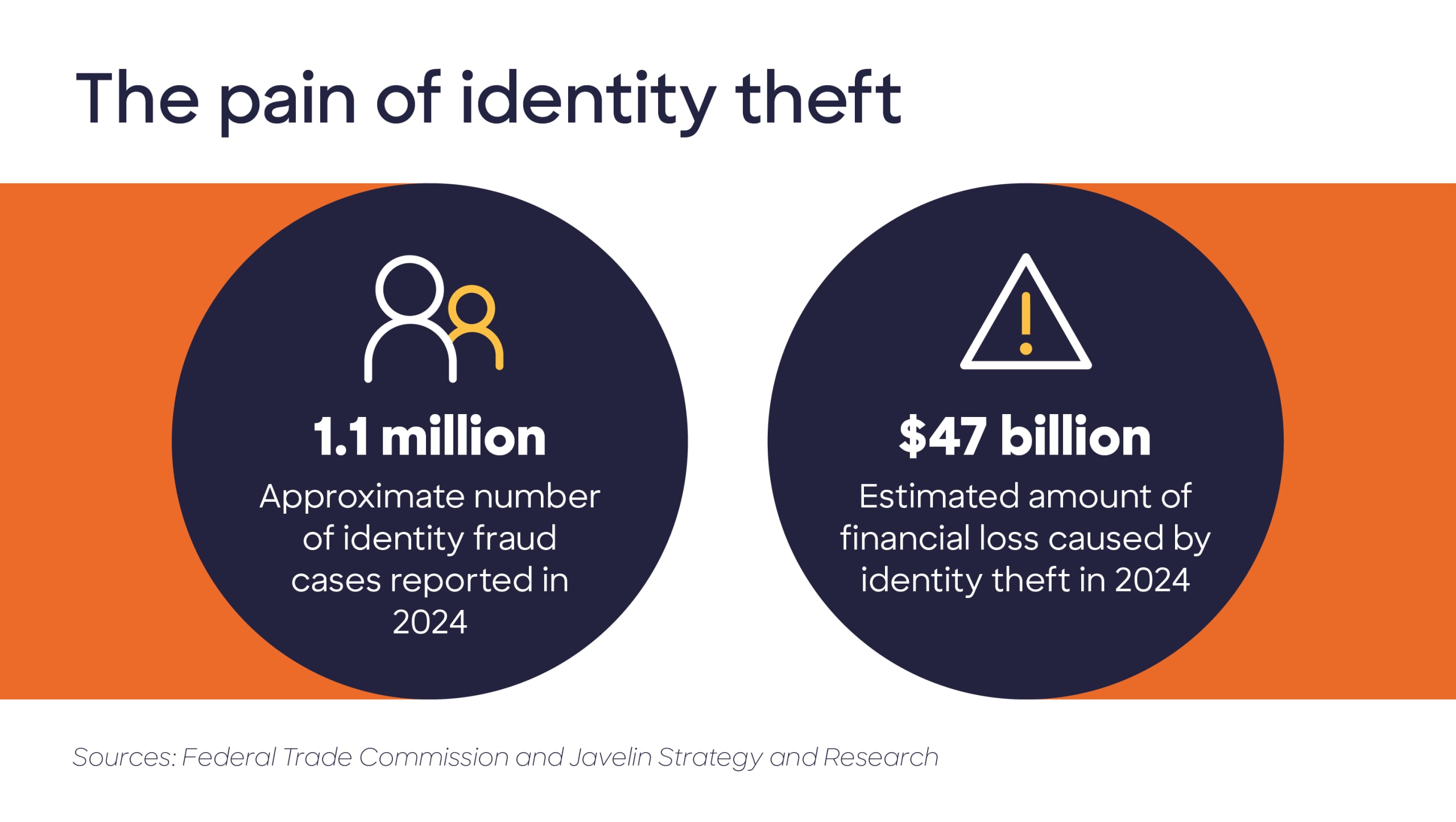  Infographic showing the pain of identity theft. According to Javelin research and the Federal Trade Commission, approximately 1.1 million identity theft cases were reported in 2024, with an estimated $47 billion in losses.