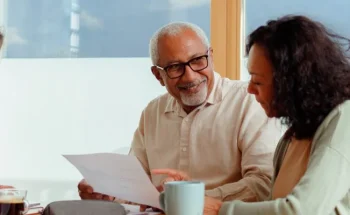 A retired couple meets with an agent to review paperwork.