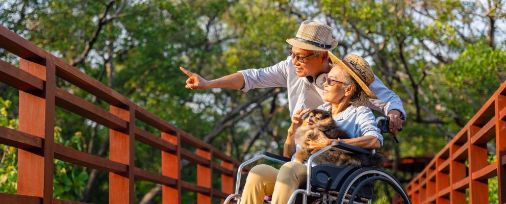 Older man points to something outside while on a walk with his wife who is in a wheelchair holding a dog.